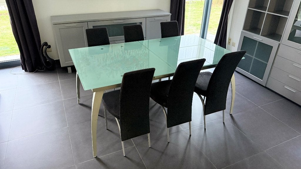 Complete moderne eetplaats - glazen tafel en kasten – bieden, Ophalen, Gebruikt, Modern, 4 tot 6 stoelen