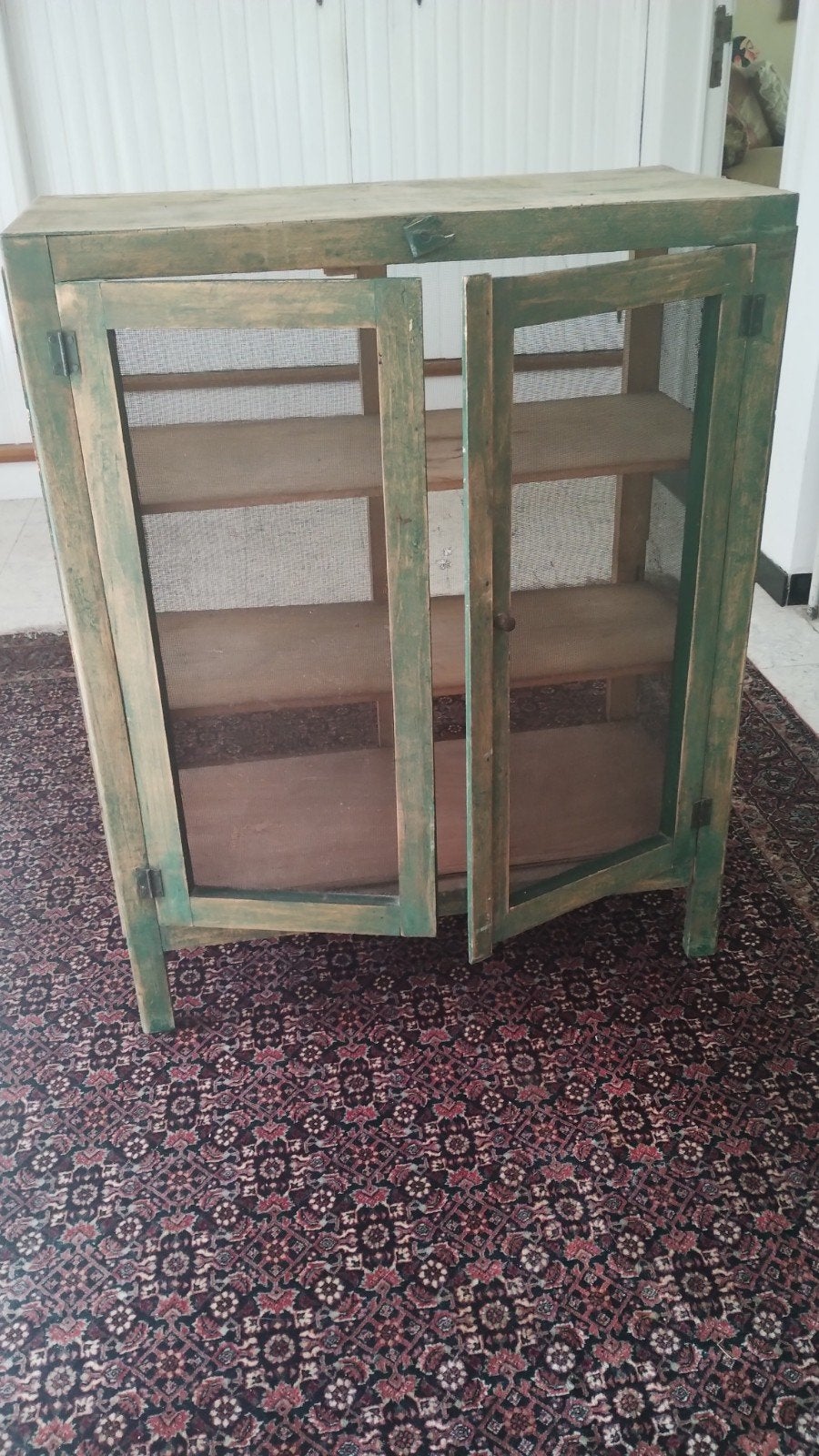 vintage vliegenkast groot model hout groen patina, Antiek en Kunst, Ophalen