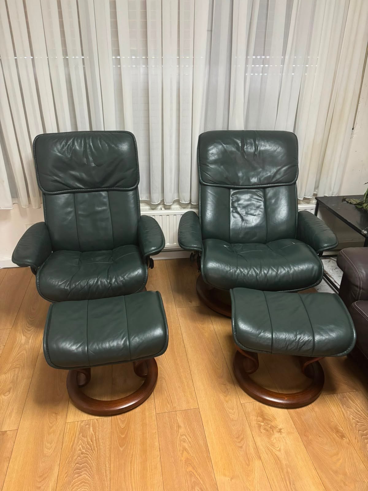 2 fauteuils relax en cuir avec repose-pieds – vert foncé, Ophalen, Zo goed als nieuw, Hout