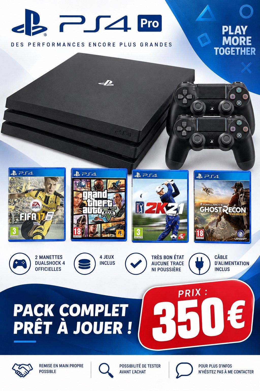 PS4 Pro + 2 manettes officielles + 4 jeux, Consoles de jeu & Jeux vidéo, Consoles de jeu | Sony PlayStation 4, Enlèvement ou Envoi