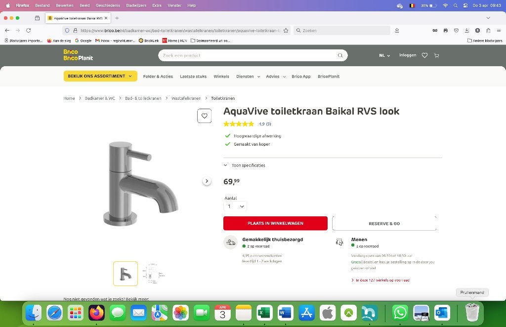 Koudwaterkraan, Enlèvement ou Envoi, Comme neuf, Cuivre, Toilettes
