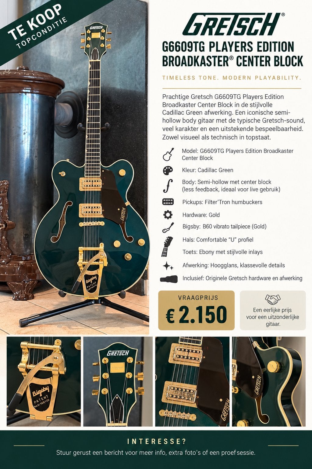 Gretsch G6609TG Players Edition Broadkaster – Cadillac Green, Enlèvement, Comme neuf