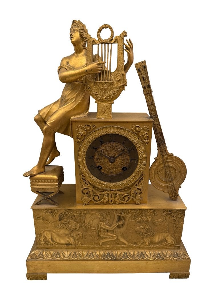 Orpheus Empire klok met lier - 19e eeuws verguld brons, Ophalen of Verzenden