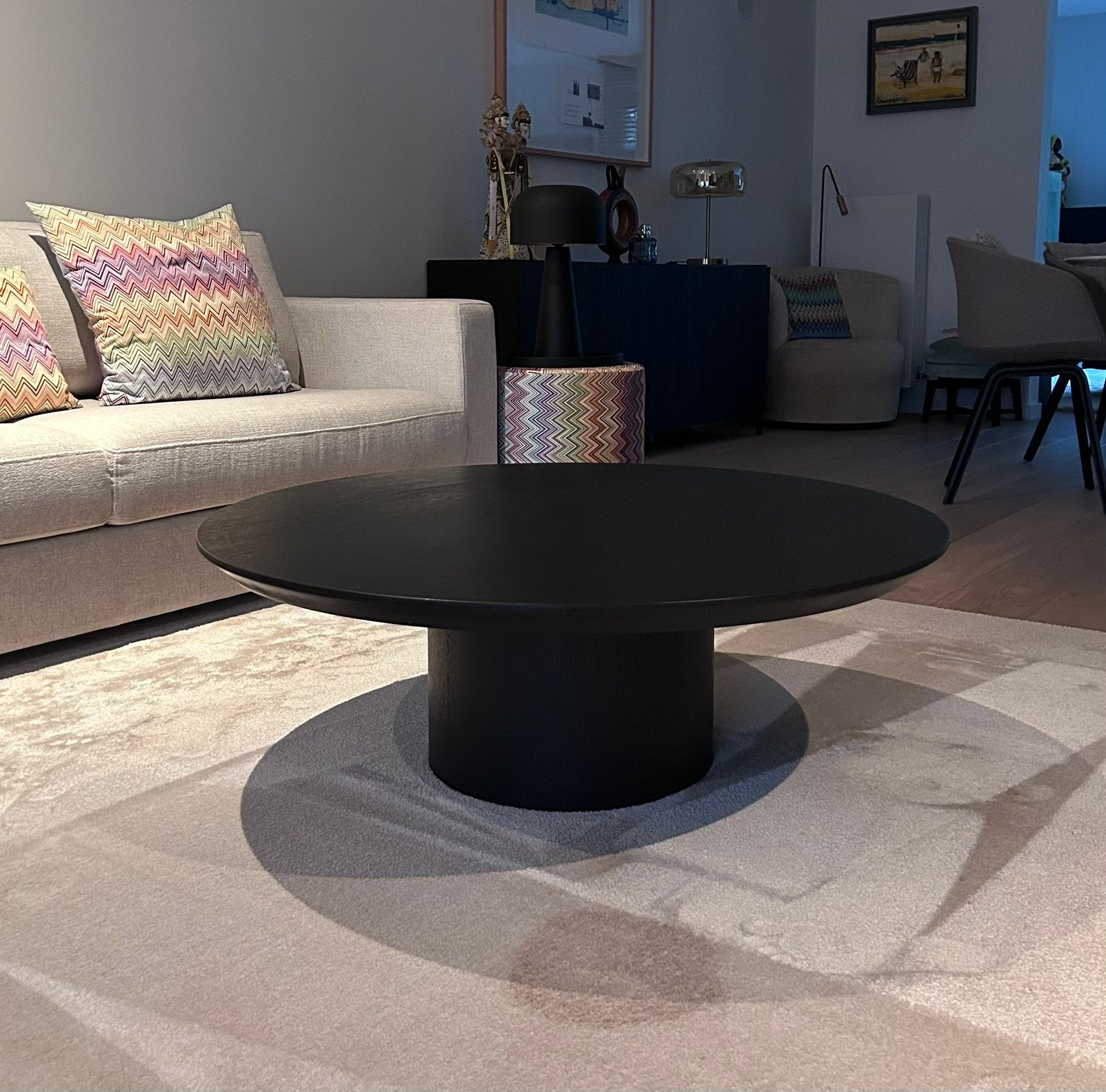 zwart eiken ronde salontafel (diameter 100cm), Ophalen, 50 tot 100 cm, 50 tot 100 cm, Zo goed als nieuw
