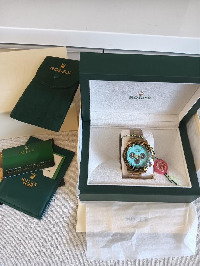Rolex Daytona Tiffany goudkleur chronograaf met doos, Ophalen of Verzenden, Rolex