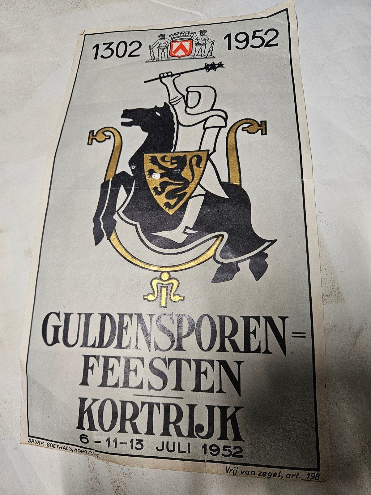 Kleine affiche Kortrijk 1952 Gulden Sporen, Verzamelen, Ophalen of Verzenden