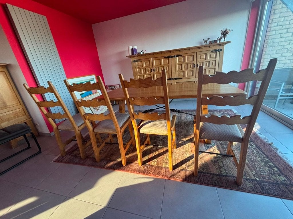 Spaanse eiken eetplaats 4 stoelen, Ophalen, Gebruikt, Spaanse eiken meubelset, 4 tot 6 stoelen