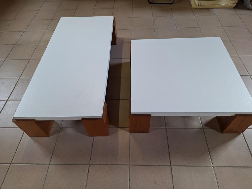 Set de 2 tables basses : plateau blanc avec pieds en bois, Moins de 50 cm, 50 à 100 cm, Carré, Enlèvement