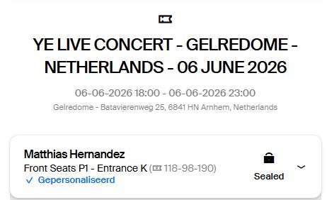 Ye concert Gelredome Front seat, Tickets & Billets, Concerts | R&B & Hip-hop, Une personne, Juin