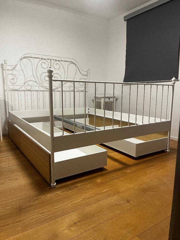 Lit IKEA avec tiroirs et tables de nuit sans sommiers, Enlèvement, Utilisé, 200 cm, Deux personnes