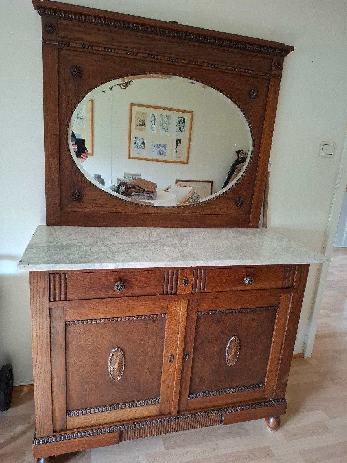 Antieke Eiken Commode / Dressoir met Marmeren Blad & Spiegel, Antiek en Kunst, Ophalen