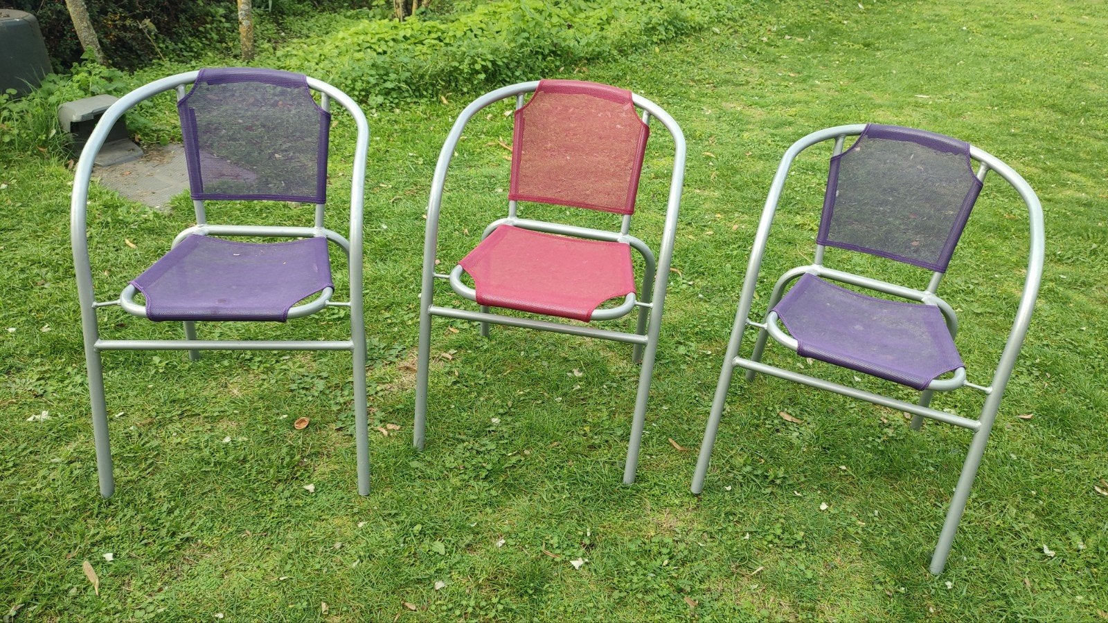 3 buiten stoelen, Tuin en Terras, Ophalen, Gebruikt, Metaal, Stapelbaar
