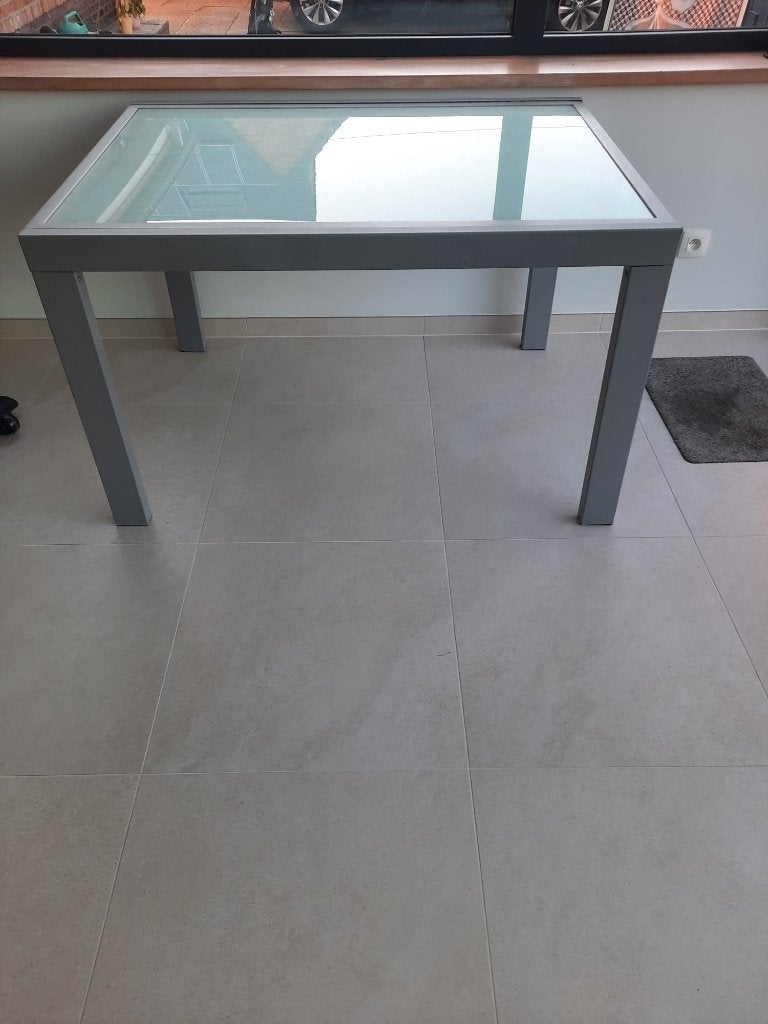 uitschuifbare tafel + tv meubel, Verre, Enlèvement, Utilisé, Metalen poten - glazen blad