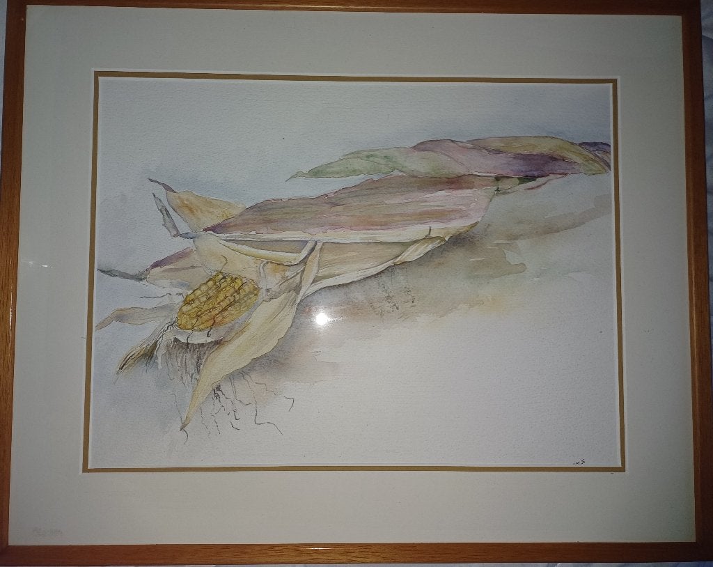 Schilderij maiskolf in aquarel, ingelijst, nieuw., Antiek en Kunst, Ophalen, Glas, Gesigneerd, Aquarel