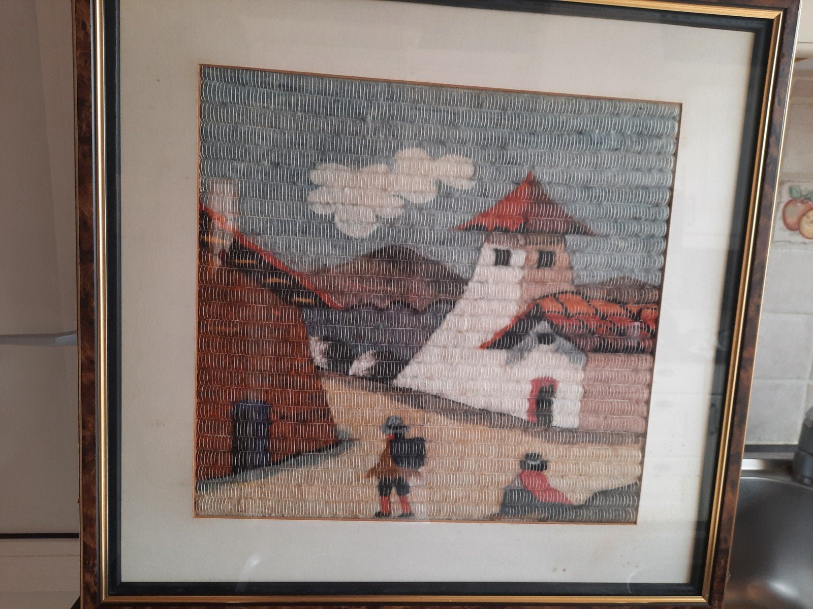 Prachtig vintage Peruaans wandkleed ingelijst 55 x 53 cm, Ophalen, Vintage, Wandkleed, Glas