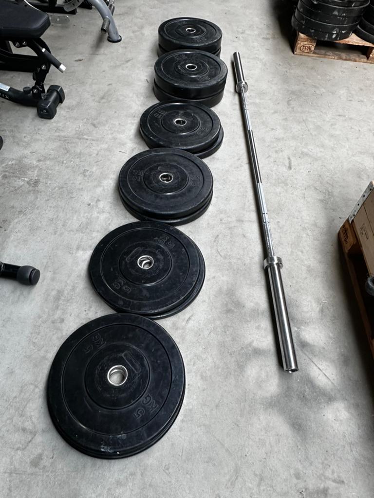 140kg Bumperplates + Olympische Barbell 220cm, Ophalen, Gebruikt, Halterschijven