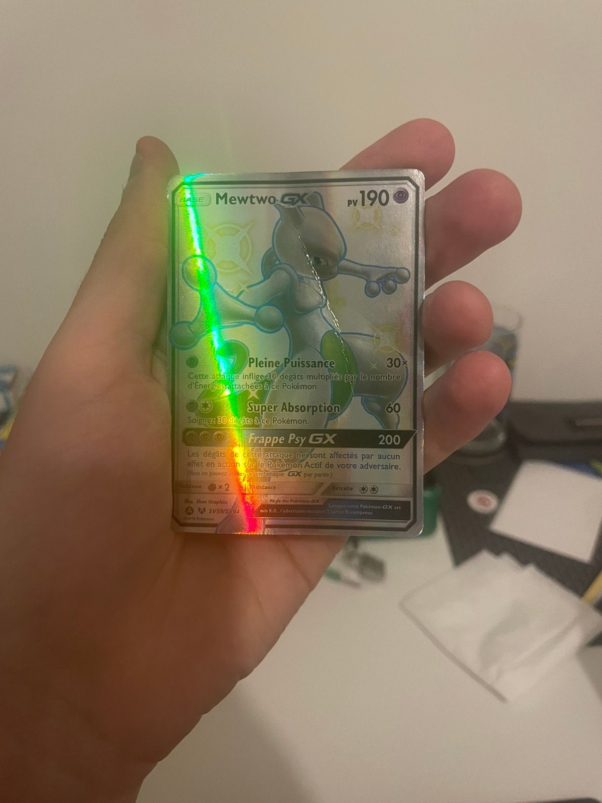 Mewtwo GX SV59/SV94 Shiny Full Art (2019 - Frans), Hobby en Vrije tijd, Verzamelkaartspellen | Pokémon, Ophalen, Zo goed als nieuw