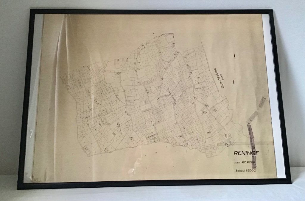 Kadasterplan - Popkaart van “ Reninge “ ingelijst onder glas, Ophalen, Voor 1940, Gebruikt