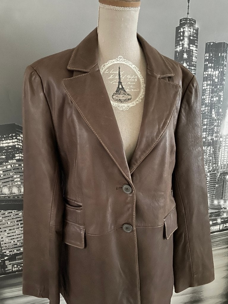 stijlvolle bruine jas in echt lamsleer leer leder - 40-42, Kleding | Dames, Verzenden, Zo goed als nieuw, Maat 42/44 (L), Bruin