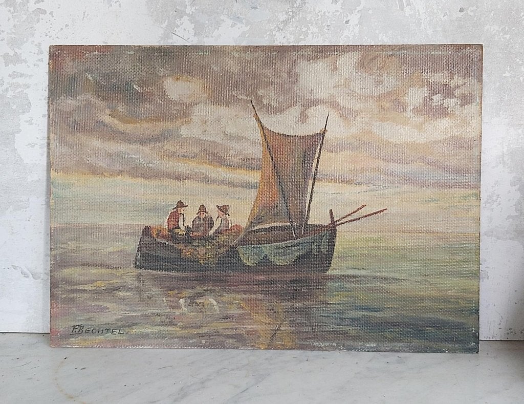 Leuk vintage schilderij "vissers op zee" -jaren'40, Antiek en Kunst, Ophalen of Verzenden, Klassiek, Gesigneerd, Maritiem / water