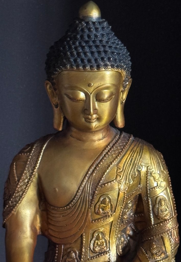 Grand Bouddha en Bronze Doré Signé - 1960 - Chine, Antiquités & Art, Art | Art non-occidental, Bronze, Objet rituel, Or, Chine