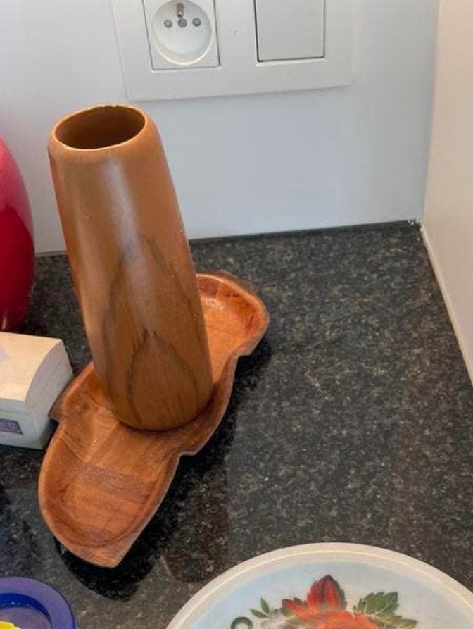 Unieke Mid-Century Vondst:  Houten Vaas & Organisch Plateau, Ophalen of Verzenden, Hout