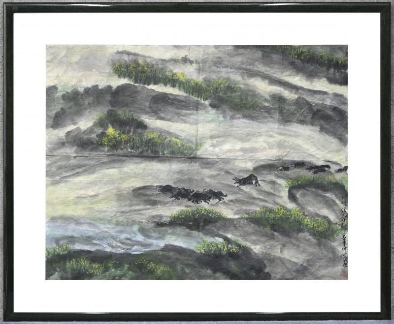 “Wilde Yaks”. Een Chinees schilderij, aquarel op papier., Antiquités & Art, Enlèvement, Papier/carton, Aquarelle, Paysage