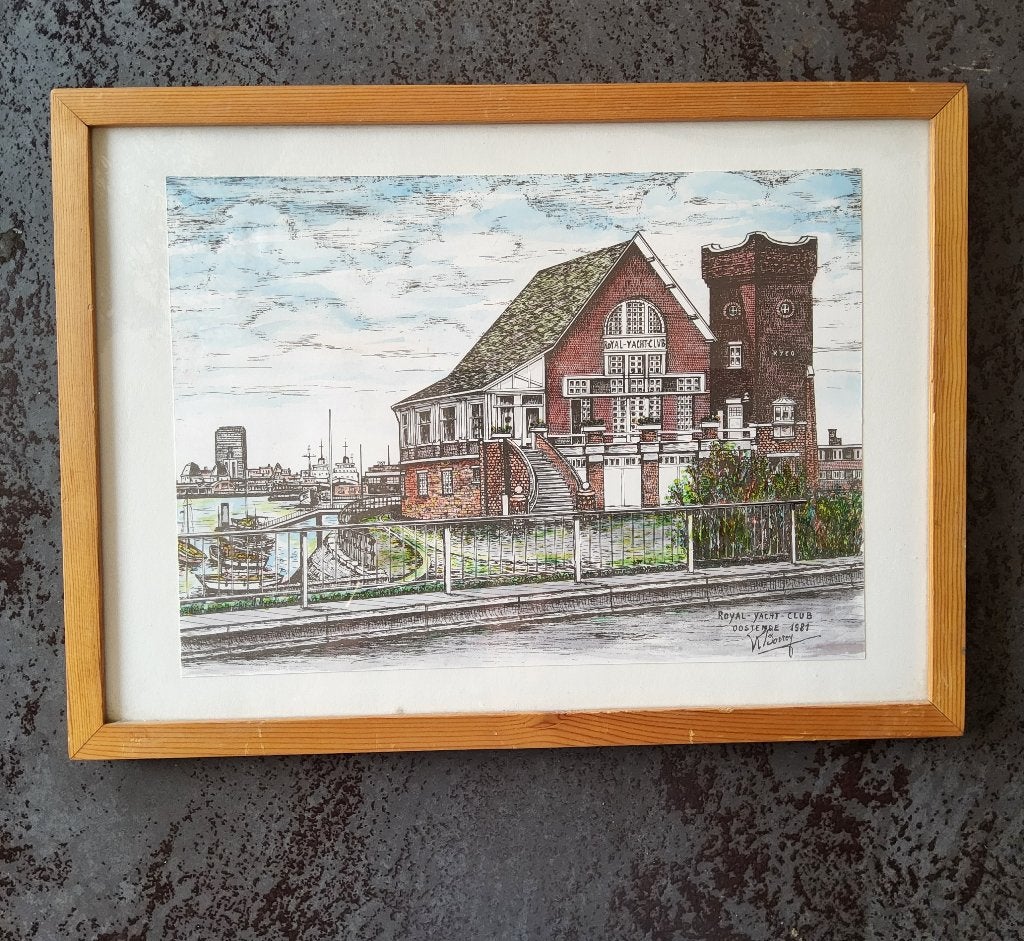 Royal-yacht-club 1981 Oostende door Borrey, Antiek en Kunst, Kunst | Etsen en Gravures, 2000 tot heden, Ingelijst, Overige technieken