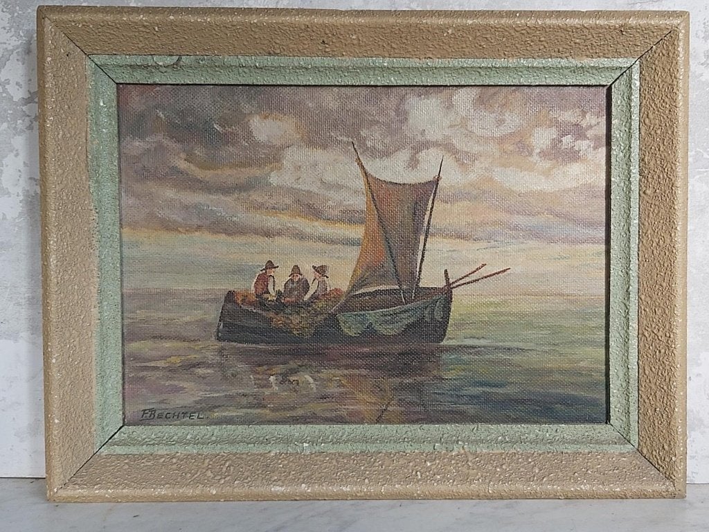 Leuk vintage schilderij "vissers op zee" -jaren'40, in lijst, Antiquités & Art, Enlèvement ou Envoi, Signé, Panneau, Autres styles