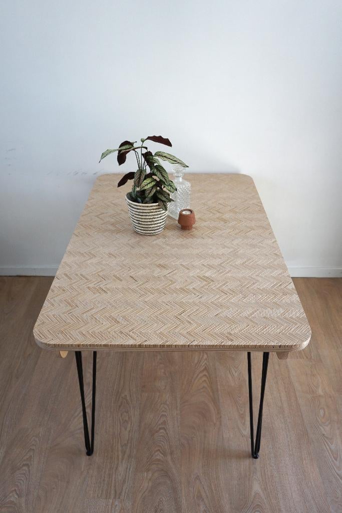 Designtafel uit houtresten 90*140cm, Ophalen, Gebruikt, 100 tot 150 cm, 50 tot 100 cm