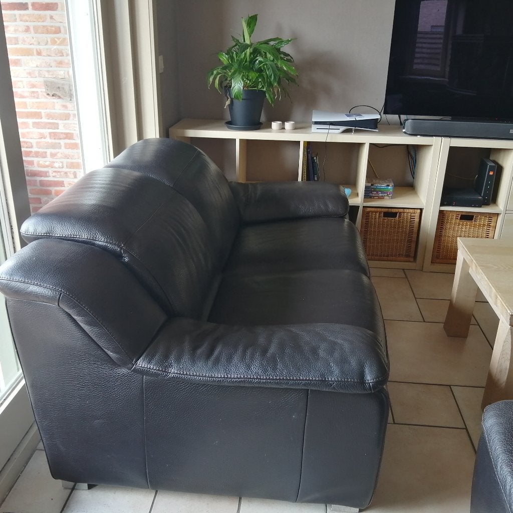 Driezit en Tweezit salon in zwarte leder, Huis en Inrichting, Ophalen, Gebruikt, Leer