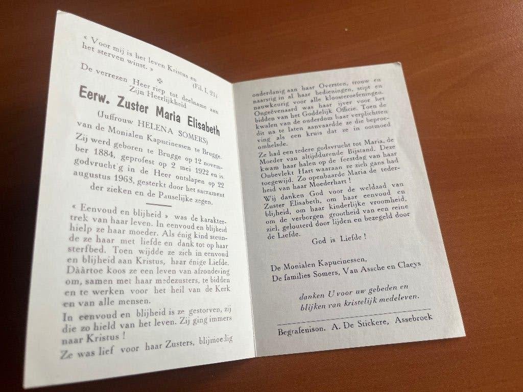 Zuster Maria  Brugge 1884 + 1963- Monialen Kapucinessen, Verzamelen, Bidprentjes en Rouwkaarten, Verzenden, Rouwkaart