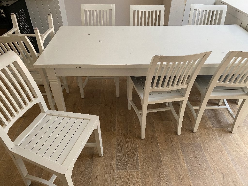 Tafel + 8 stoelen + bijpassende kast, Ophalen, Gebruikt, Vijf personen of meer, Rechthoekig