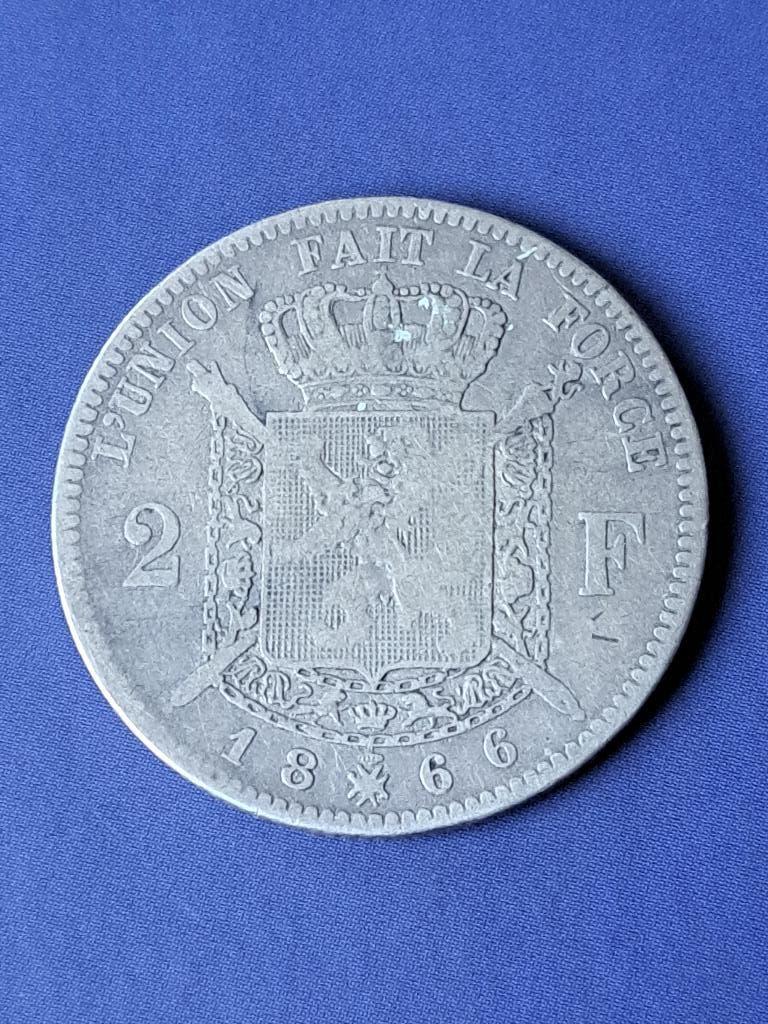 1866 Belgique 2 francs en argent Léopold II, Monnaie en vrac, Argent, Argent, Envoi