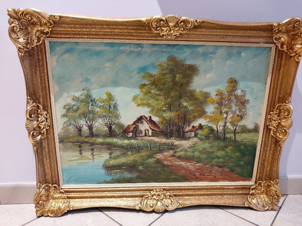 Tableau, Antiquités & Art, Signé, Peinture à l'huile, Enlèvement, Paysage urbain / rural