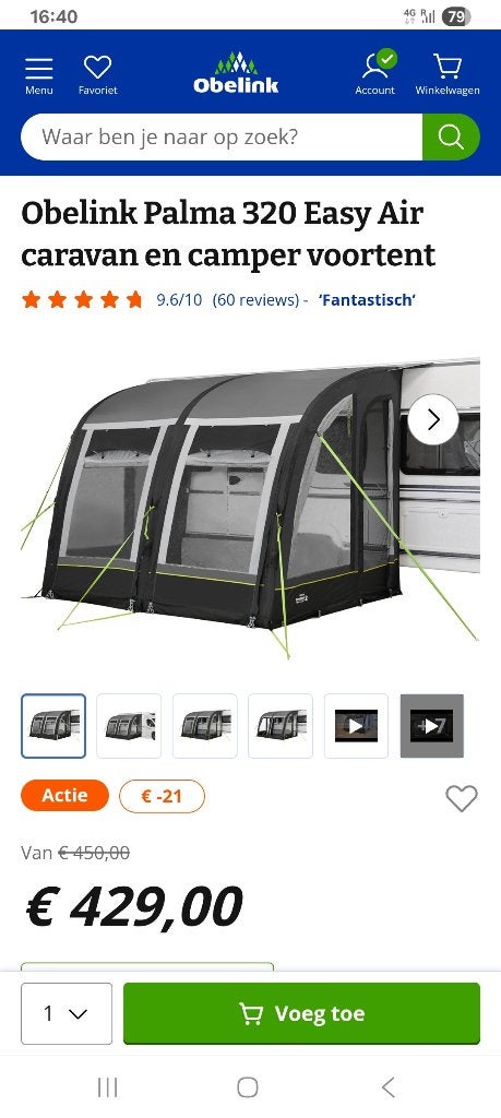 Voortent Obelink EasyAir, Caravans en Kamperen, Voortenten en Luifels, Ophalen, Nieuw, Overige merken