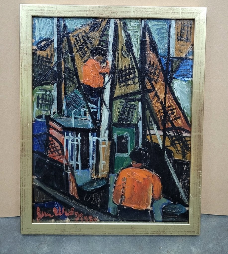 Fernand WESLY, werk in de haven, Enlèvement ou Envoi, Peinture à l'huile, Panneau, Expressionniste