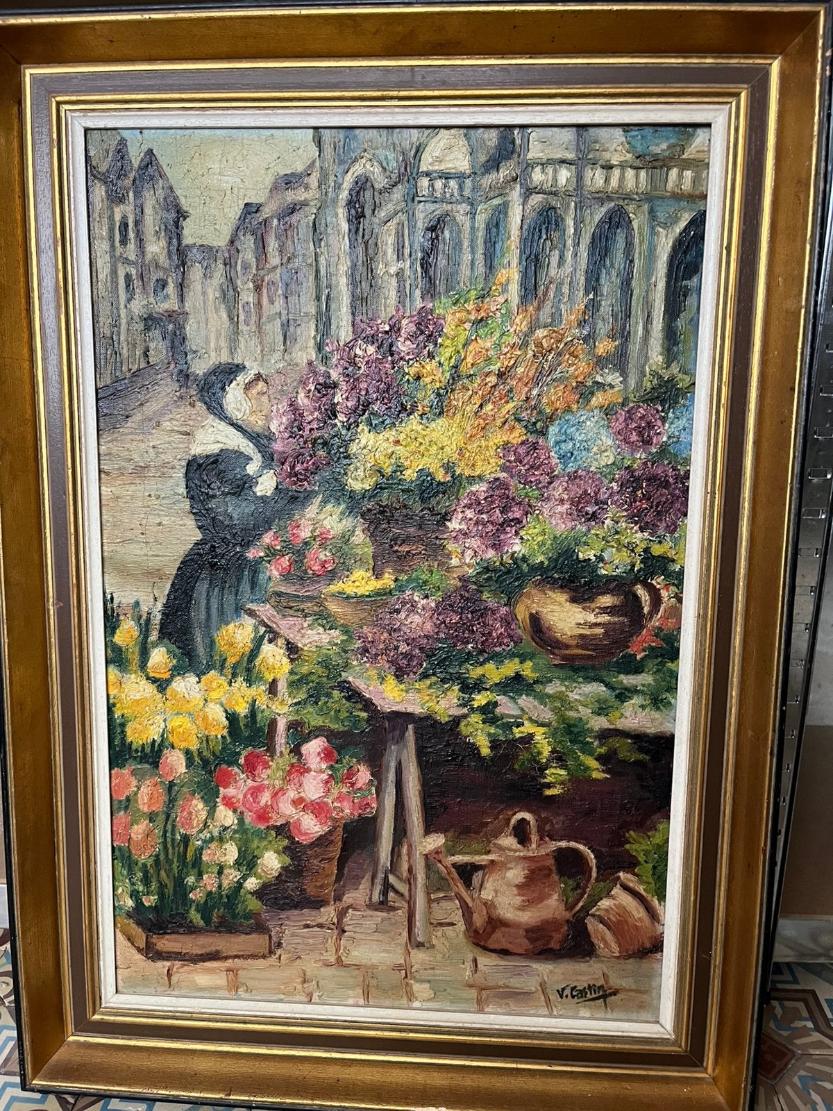 Prachtig schilderij Merchant of Flowers van V. Castin, Antiek en Kunst, Doek, Impressionistisch, Gesigneerd, Olieverf