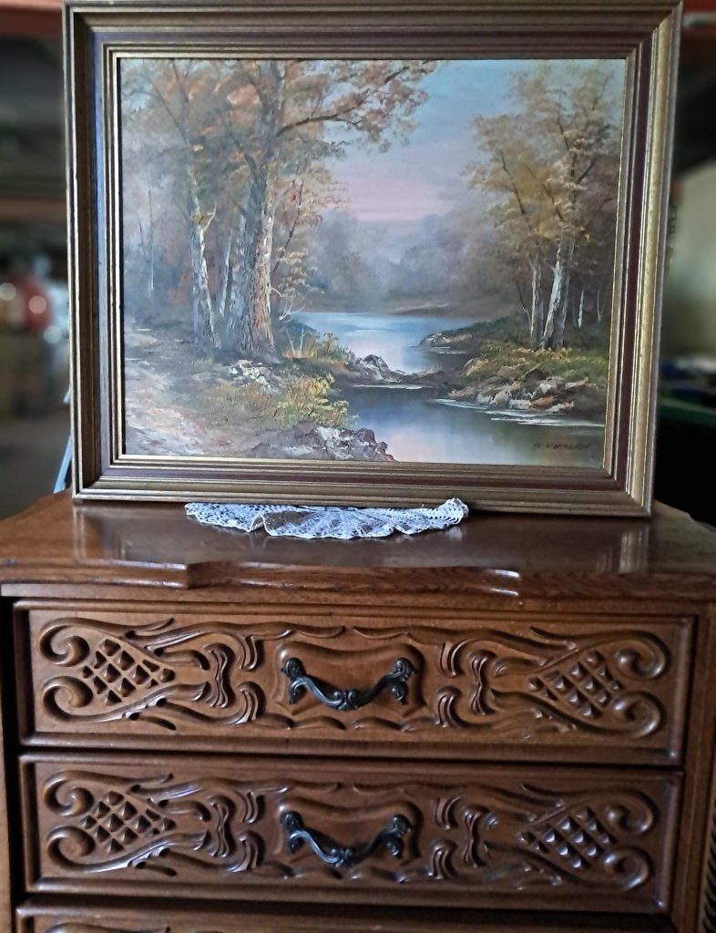Jolie commode 3 tiroirs bois mouluré et peinture sur toile, Maison & Meubles, Armoires | Commodes, Utilisé, Moins de 100 cm, 50 à 100 cm