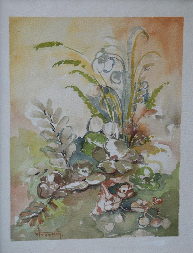 Aquarel L. V.d. Weeën, Antiquités & Art, Papier/carton, Fleurs, Enlèvement ou Envoi, Aquarelle
