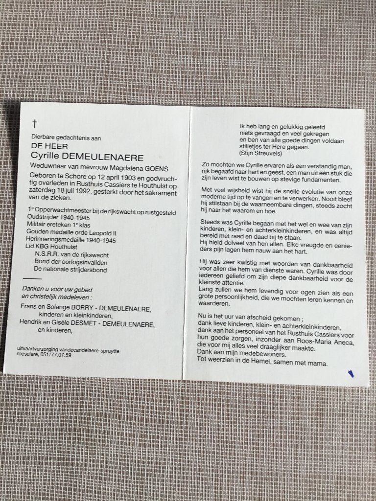 Rijkswachter C.Demeulenaere Schore + Houthulst. M.Goens, Verzamelen, Ophalen of Verzenden, Bidprentje