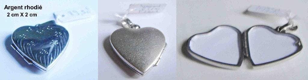Pendentif porte-photos Coeur gravé, argent rhodié, 2 X 2 cm, Neuf, Enlèvement ou Envoi, Cœur, Argent