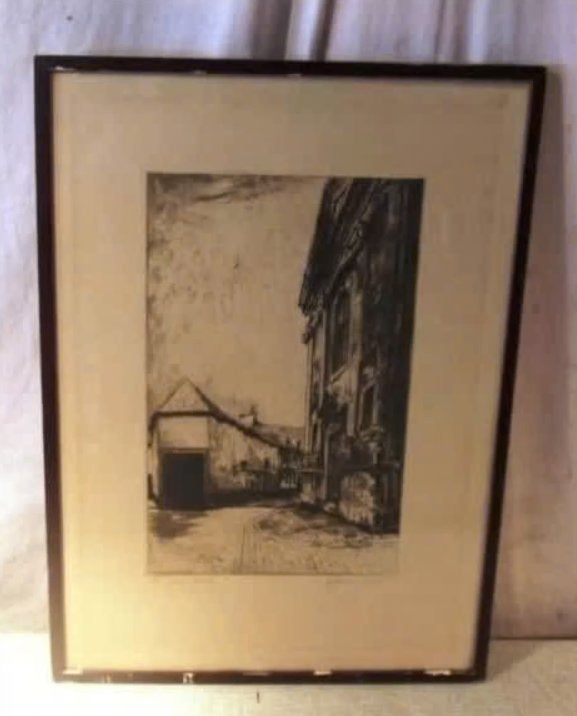 Mooie oude Gravure 'Straatje in de Stad - gesigneerd, Antiek en Kunst, Ophalen of Verzenden, Stadsgezicht, Gravure, Gesigneerd
