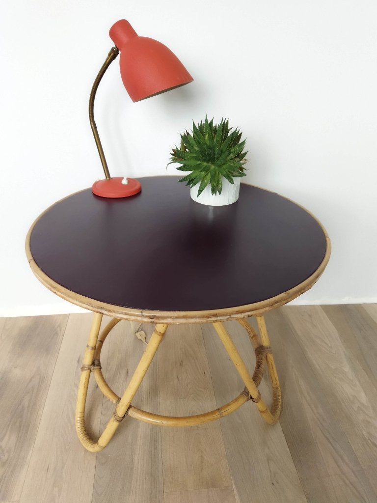 Table basse vintage en rotin et bambou KOK Diabolo 1960, Maison & Meubles, Tables | Tables de salon, Utilisé, 50 – 75, 50 à 100 cm