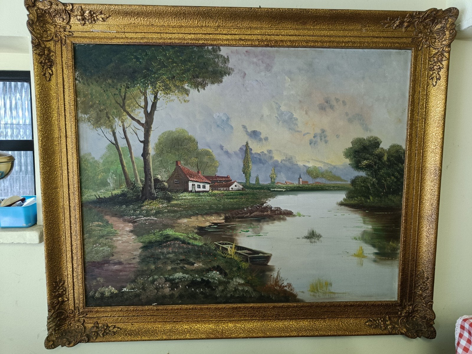 schilderij op doek heel oud landschap 1m20 op98, Enlèvement, Signé, Paysage, Toile