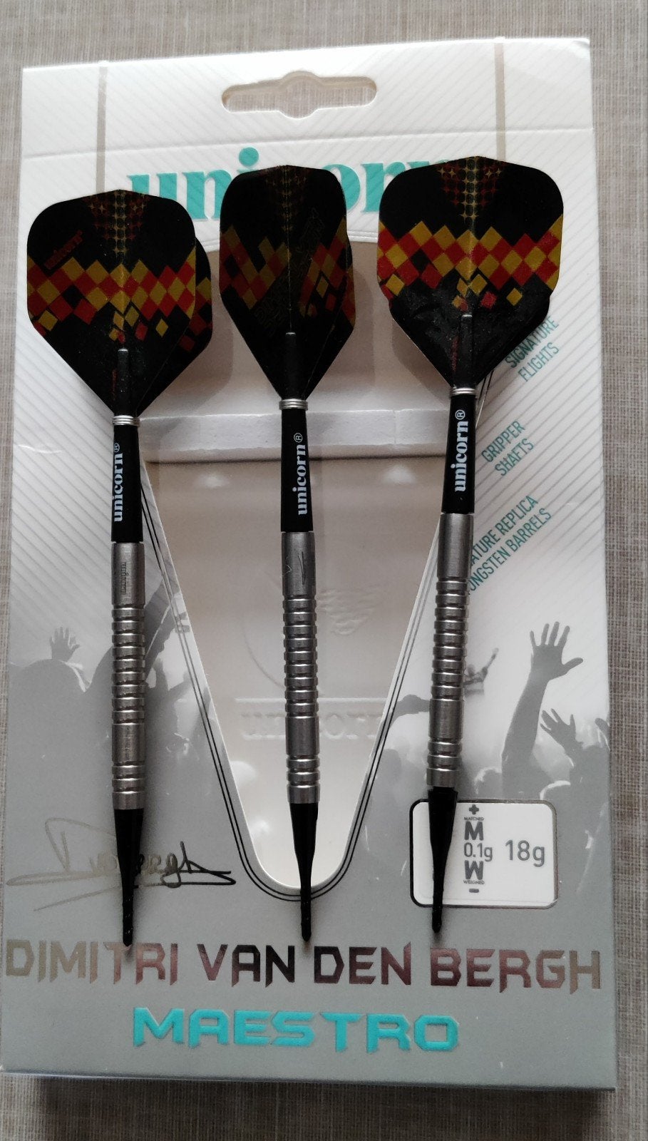 Dimitri Van den Bergh Unicorn Maestro soft tip 18 gram, Sport en Fitness, Darts, Ophalen, Nieuw, Pijlen, Soft tip