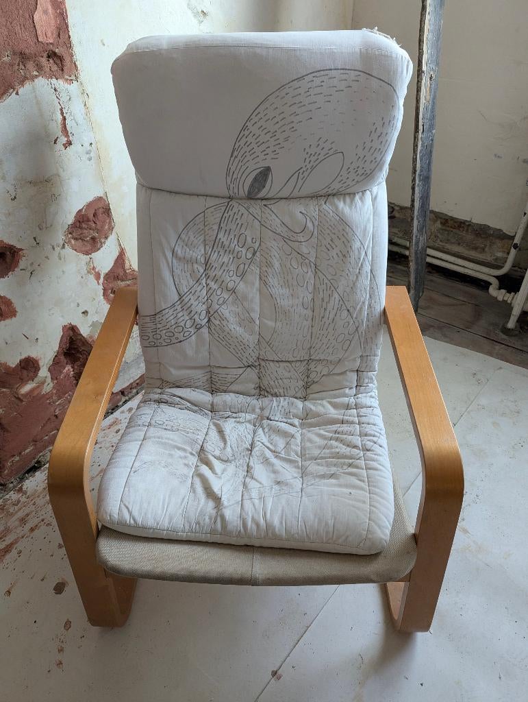 Ikea Poäng fauteuil licht houten en wit kussen, Huis en Inrichting, Fauteuils, Gebruikt, Hout, Stof, 50 tot 75 cm, 75 tot 100 cm