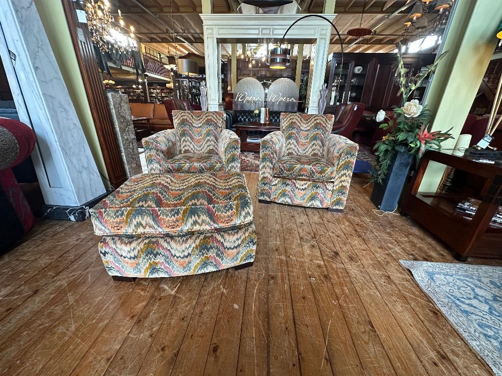 Twee Donghia Fauteuils & Poef - Opnieuw Gestoffeerd., Ophalen, Klassiek, 75 tot 100 cm, Zo goed als nieuw