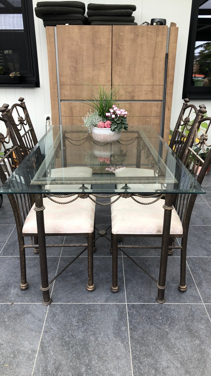 Antieke smeedijeren tafel en 4 stoelen, Antiek en Kunst, Ophalen