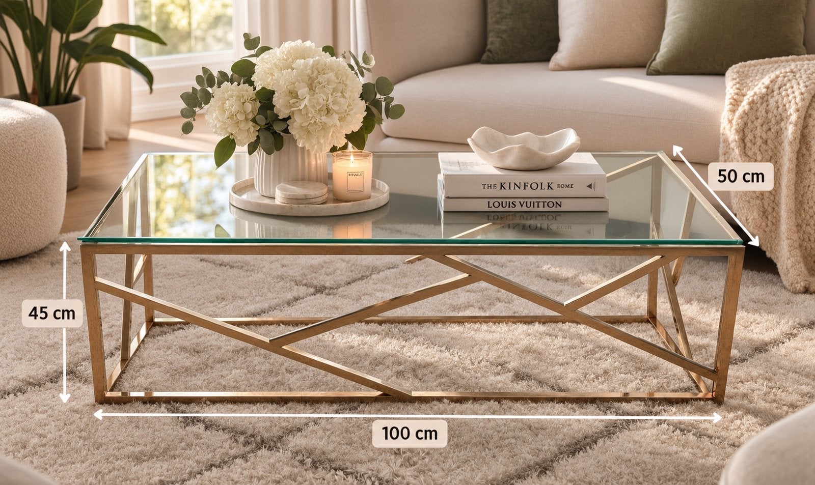 Glazen salontafel 100x50 – roségoud/champagne – mooie staat, Ophalen, Zo goed als nieuw, Glas
